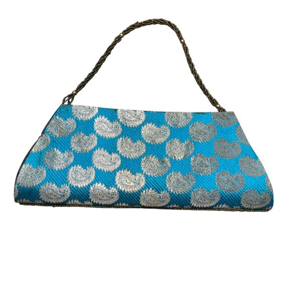 Vintage Blue & Gold Handbag With Beaded Strap & Intricate Embroidery - Picture 3 of 3